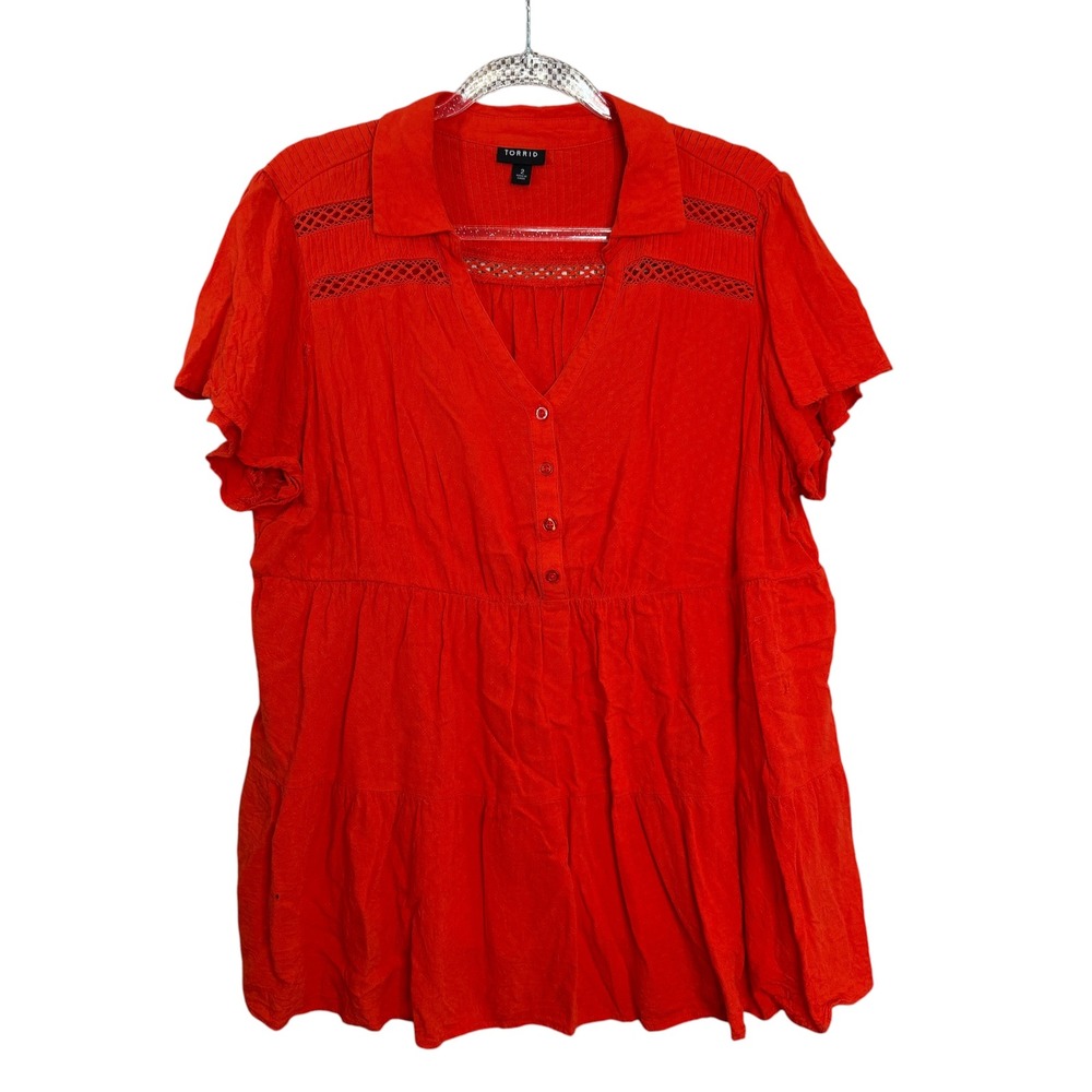 Torrid Womens Plus Size 2 Red Rayon Crochet Babydoll Short Sleeve Button Blouse